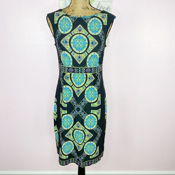 Sandra Darren Mandala Print Sleeveless Sheath Dress Size 8 Black Neon Multi - Picture 1 of 12